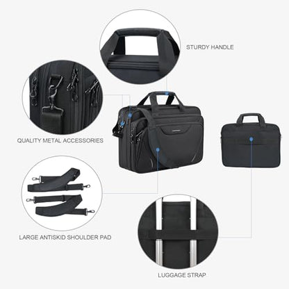 KROSER 17.3 Inch Laptop Computer Briefcase, Water-Repellent Messenger Bag | Expandable design, padded laptop compartment,shoulder strap and luggage strap for business, travel, men and women-Black/Grey - color: Black/Grey
