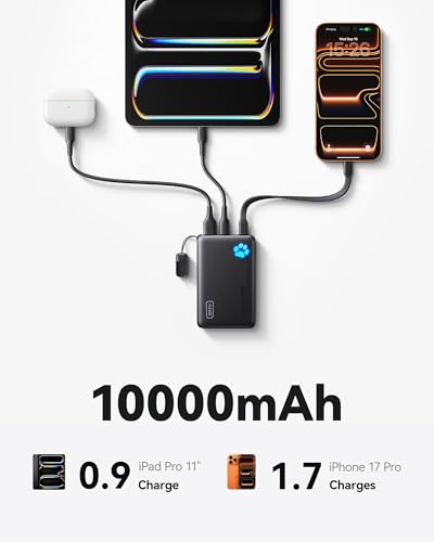 INIU 45W Fast Charging Portable Charger, Smaller 10000mAh Travel Power Bank | Flight-Safe, Detachable USB C Cable, Travel Essential, External Battery Phone Pack for iPhone 17 Samsung S26 iPad etc - color: Black