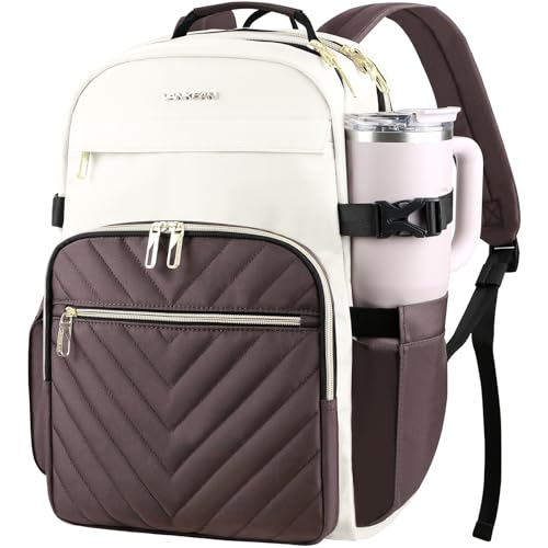 VANKEAN Laptop Backpack for Women with Giant Tumbler Holder Pocket,17.3 inch Bag Nurse Teacher Backpack,Waterproof Work Travel Backpack Purse Laptop Computer Bag, Beige-Coffee - color: Beige-coffee, size: 17.3 Inch