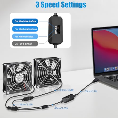 GDSTIME Dual 92mm USB Cooling Fan 5V w/Speed Control DC Brushless Case Fan | L/M/H Adjustable, 92x92x25mm, 9225, for Terrarium, Receiver, DVR, PlayStation, Xbox, Computer Cabinet Cooling - size: 92x25mm