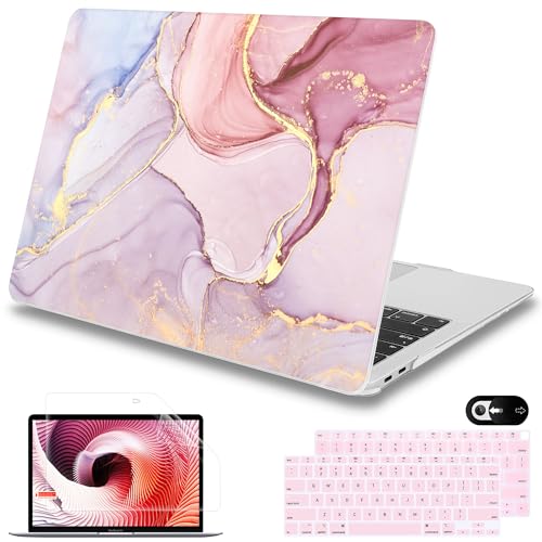 Mektron for MacBook Air 13 inch Case 2020 2019 2018 Release A2337 M1 A2179 A1932 with Retina Display Fits Touch ID, Plastic Hard Shell & Keyboard Cover & Screen Protector & Webcam Cover, Pink Marble - color: Pink Marble