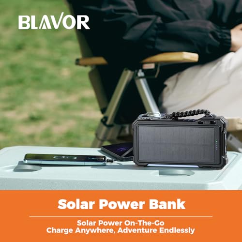 BLAVOR Solar Power Bank 20000mAh Built-in Cables, Wireless Charger for Phones & Apple Watch, 20W Fast Charging Battery Pack with USB C, Flashlight, Solar Charger for iPhone, iPad, iWatch, Samsung - color: Dull black