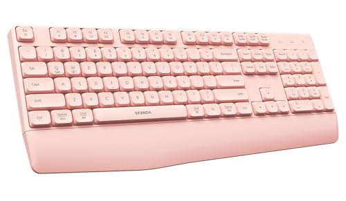 seenda Multi-Device Bluetooth Keyboard with Wrist Rest, Number Pad, Pink | Full-size keyboard for laptop, MacBook, Mac and Windows with ergonomic wrist support - color: Pink