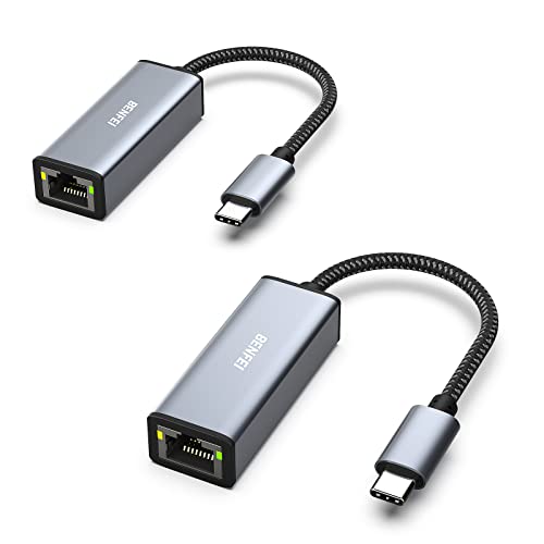 BENFEI 2 Pack USB-C to Ethernet Adapter, USB Type-C (Thunderbolt 3/4) to RJ45 Gigabit Ethernet LAN Network Adapter Compatible with iPhone 15 Pro/Max, MacBook Pro/Air 2023, iPad Pro, iMac, S23, XPS 17 - size: 2 Pack, style: Gigabit adapter