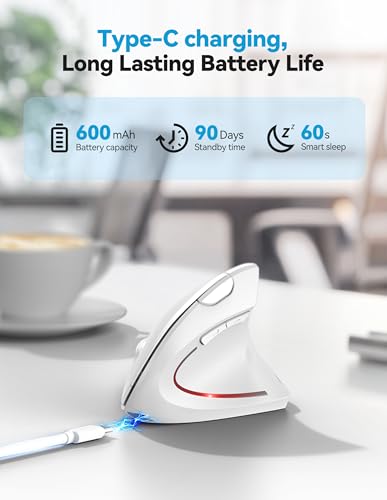 TECKNET Ergonomic Mouse, Rechargeable 2.4G+Bluetooth Vertical Mice 6 DPI Adjustable, Wireless Optical Carpal Tunnel Mouse Right Hand, Multi Device for Laptop, PC, Computer, MacBook, iPad - White - color: White