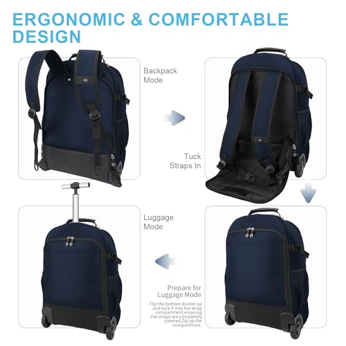 Backpack with wheels,rolling backpack with 2 Packing Cubes,compression bags for travel,Water-Resistant Carry-On Luggage,Business and Commuting (Blue) - color: Blue