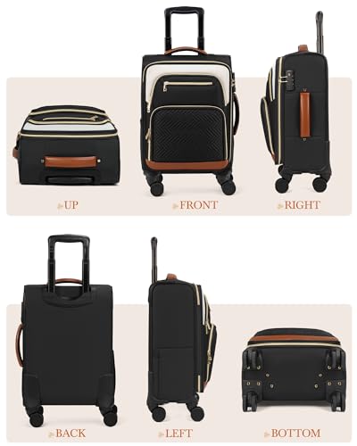 RAINSMORE Carry On Luggage with wheels, Softside Suitcases Set 3 Piece | 22x14x9 Airline Approved, Luggage Sets with Backpack & Toiletry Bag, Rolling Suitcase with TSA Lock, for Travel Weekender - color: Black-White-Brown