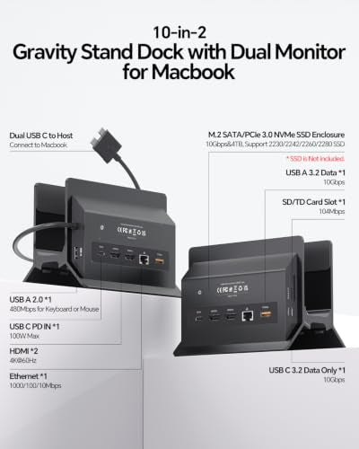 MacBook Docking Station Dual Monitor 4K@60Hz for MacBook Pro/Air M5/M4 | PULWTOP Vertical Laptop Dock Stand with M.2 NVMe SSD Enclosure, 2 HDMI, 10Gbps USB A/C, Ethernet, PD for Home & Office, Black