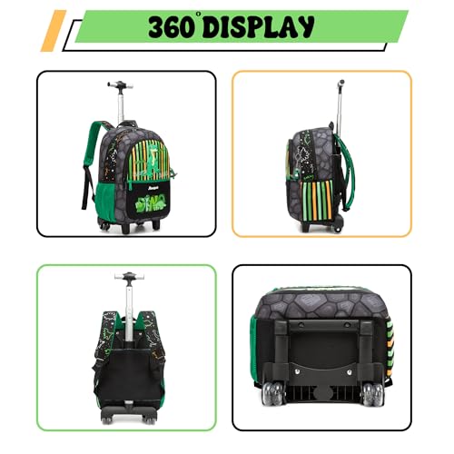 Kids Rolling Backpack for Boys 16.5" School Roller Backpack with Lunch Box, Toddler Backpacks with Wheels Rollig Wheeled Backpacks for Elementary School - color: Green Dinosaur