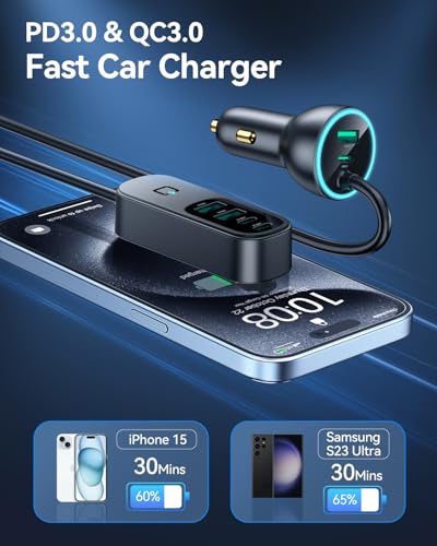 Rocoren 105W 6‑Port PD USB‑C Car Charger with 5FT Cable, Travel Essentials | Cigarette Lighter Adapter Powers Multiple Devices At Once, Car Accessory For Road Trips And Compatible With IPhone 17/16