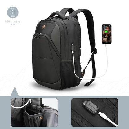 Swissdigital Design Backpack for Men & Women Fit 16 Inch Computer SD1670-01 | Travel Laptop Backpack, College Bag, Business Backpack, with USB Charging Port, RFID Protetion Pocket, Water Bottle, Black - color: Black