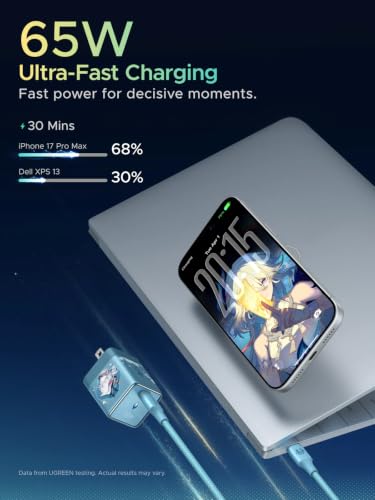 UGREEN Nexode Air 65W Charger Honkai: Star Rail Edition, Mini USB C Charger Block Fast Charging with USB C Cable, GaN Charger for MacBook Air/Neo/Pro, iPhone 17 16, Galaxy S26/S25, iPad, Cyan - color: Cyan