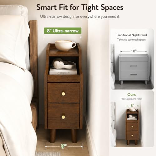 POWERSTONE Narrow Nightstand with 2 Drawers Set of 2, Solid Wood Bedside Table with Pull Out Tray & Cable Hole & Slots, Slim End Side Table for Small Spaces Bedroom, Living Room, Brown - color: Brown