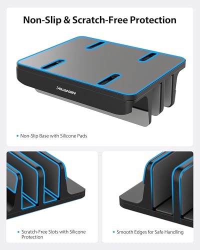 AboveTEK Vertical Laptop Stand Holder, 3 Slots Aluminum Desk Stand with Adjustable Dock Size for Tablet, MacBook, Phone - Universal Fit (up to 17.3") - Heavy Duty Polished, Anti Slide - Black - color: Black