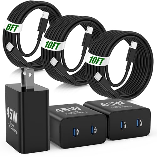 45W Super Fast Charger Type C for Samsung S26 S25 S24,3Pack 45W Dual Port USB C Fast Phone Charger Block & 6/10/10FT Type C Charging Cord for Samsung Galaxy S26 S25 Ultra/S23/S22,Android,iPhone 17 - color: Black, size: 10FT+10FT+6FT