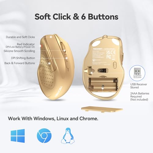 TECKNET Wireless Mouse, 2.4G Ergonomic Computer Mouse, 2600 DPI, Gold | Ergonomic Design with Side Grips, Adjustable DPI, 2-Year Battery, Compact Size, USB-A Plug & Play, Wide OS Compatibility - color: Gold