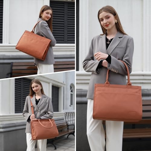 Laptop Tote Bag for Women, Large Canvas Totes with Zipper and Key Fob, Work School Bag Travel Bag Teacher Nurse Purse - color: Brown