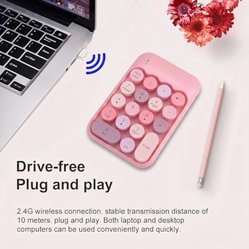Lomiluskr Cute Wireless Number Keypad with 2.4G USB Receiver, 18 Colorful Round Keys Numpad, Portable Financial Accounting Numeric Keyboard, Suitable for PC, Laptop (Pink) - color: Pink
