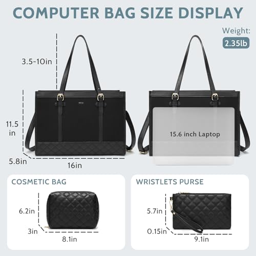 Keyli 3pcs Laptop Bag for Women,15.6 Inch Canvas Tote Bag Work Bags Large Business Computer Briefcase Shoulder Handbag Purse - color: S-black