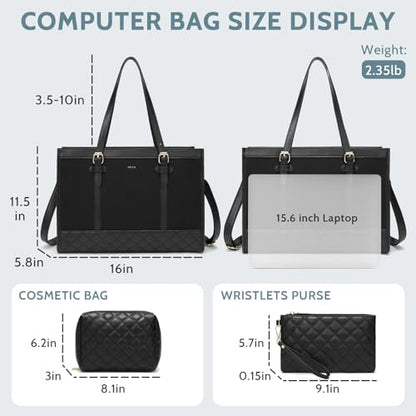 Keyli 3pcs Laptop Bag for Women,15.6 Inch Canvas Tote Bag Work Bags Large Business Computer Briefcase Shoulder Handbag Purse - color: S-black