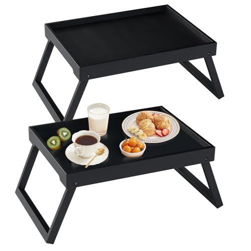 RRX Bamboo Bed Tray Table with Folding Legs, Breakfast Tray, 2 Pack (Black) | Bed Trays for Folding Table Eating, Kitchen Serving, Food, Sofa, Snacking or Working, Laptop Desk Dinner, Snack Tray - color: Black