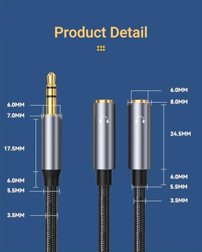 Adapter Cables for Headphones, 1 Male to 2 Female Adapter | Gold-Plated Nylon Braided Stereo Aux Cord for Phones, Laptops, Tablets, Gaming Headsets, Speakers (No Mic)