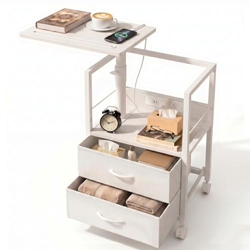 Faesun Swivel Lift Top Nightstand with Charging Station, Rolling Side Table for Recliner, Bedside Table with Wheels & 2 Fabric Drawers, for Small Spaces, for Bedroom, Living Room, White - color: 06 - White, size: 2 Drawers