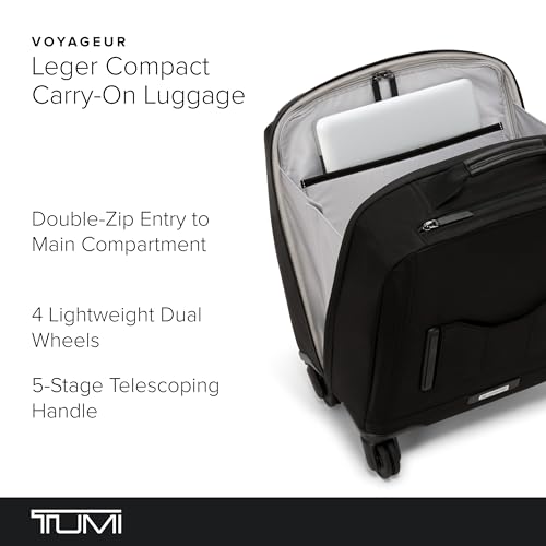 TUMI - Voyageur Leger 4 Wheeled Luggage - Women's Lightweight and Spacious, Sleek Silhouette, Durable Premium Suitcase - 16" Compact Front Pocket Carry On, Black with Gunmetal Hardware - color: BLACK/GUNMETAL, style: 16" Compact Carry-on
