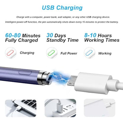 Active Stylus Pen for Touchscreen, iPad Pencil 1.5mm Fine Point Pen, Digital Pens Rechargeable for Tablet, Stylus Pens Compatible with iPad Air/Mini/Pro/Android/iPhone and Most Device - Purple - color: Purple
