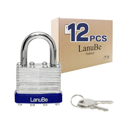 LanuBe Laminated Keyed Alike Padlock 12 Pack 1.6-in Wide Standard Shackle | Brass cylinder with keyed alike design.One key opens all locks. Blue ring, for gates, sheds,hasps ，toolboxes - size: 12 Pack Blue