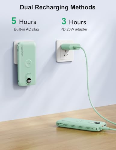 Portable Charger 10000mAh 20W, Wall Plug, 2 Cables, iWatch Charging | Digital Display, Compact Lightweight, USB C Fast Charge, USB-A 18W, Multi Protection, Travel Essential, for iPhone 17 16, Pad - color: Natural Green