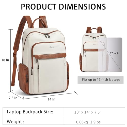 17 inch Laptop Backpack for Women, Leather Computer Backpack Purse - color: Beige