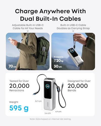 Anker Laptop Power Bank, 25,000mAh Travel Essential with 165W Total Output | 3 USB-C Ports with 100W Max Each, Built-In Retractable Cables, Flight-Ready, for iPhone 17 Series, MacBook, and More - color: Silver