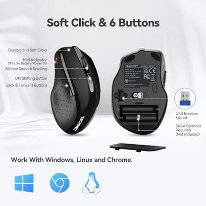 TECKNET Wireless Mouse, 2.4G Ergonomic Computer Mouse, 2600 DPI, Black | Ergonomic Design with Side Grips, Adjustable DPI, 2-Year Battery, Compact Size, USB-A Plug & Play, Wide OS Compatibility - color: Black