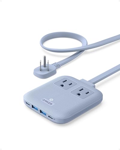 Anker Travel Power Strip, Anker Nano 67W Max 6-in-1 USB C Charger, 2 USB C | 2 AC, 2 USB A, 5ft Thin Undetachable Flat Plug Extension Cord with Multiple Outlets, Travel Essentials, Cruise Essentials - color: Ice Lake Blue