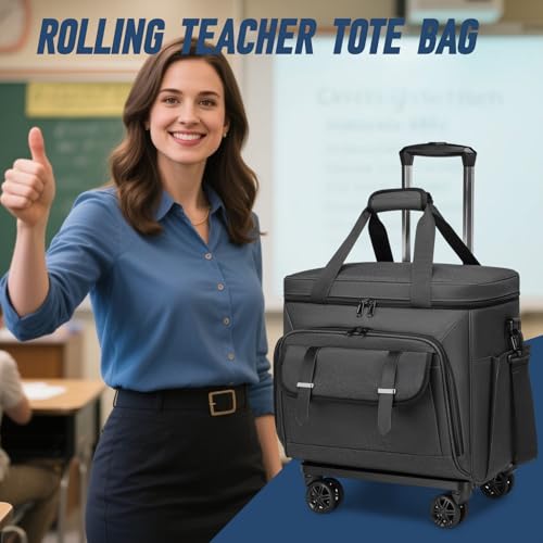 RUCYEN Rolling Teacher Tote Bag for Women Men,Large Tote Bag With Detachable Wheels Trolley,15.6 Inch Laptop Wheeled Teacher Bag for Work Office - color: Black