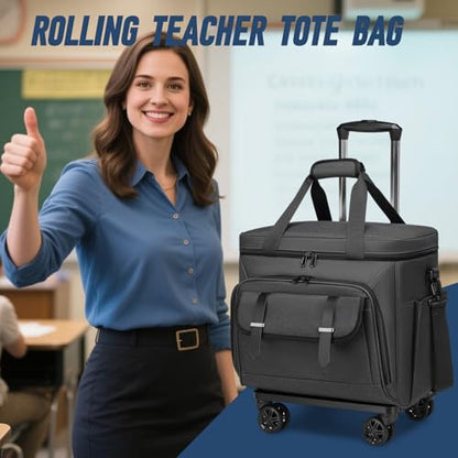 RUCYEN Rolling Teacher Tote Bag for Women Men,Large Tote Bag With Detachable Wheels Trolley,15.6 Inch Laptop Wheeled Teacher Bag for Work Office - color: Black