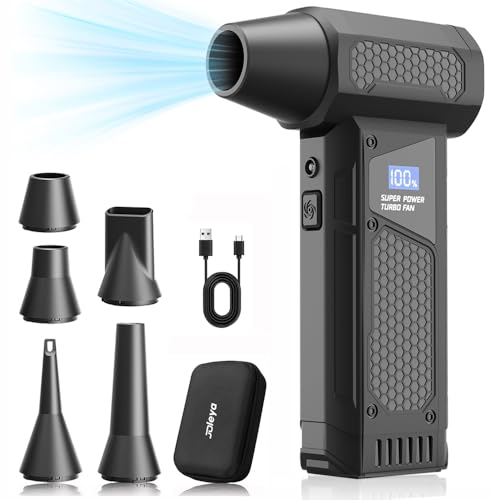 Portable 150W High Speed Turbo Fan air Duster 130,000RPM led Display 4 Levels Wind Speed Brushless Motor, Blowing and Inflating Feature,for Car Cordless Air Duster and Rechargeable.Black