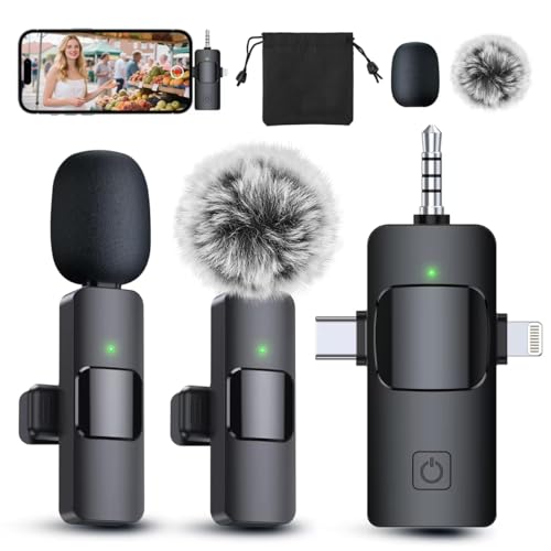 PQRQP 3 in 1 Professional Wireless Lavalier Microphone for iPhone/Android/Camera, Wireless Microphones, Mini Microphone, Crystal Clear Sound Quality for Recording, Live Streaming, Clips-Elegant Black - color: Elegant Black