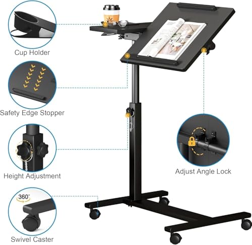 Panta Height Adjustable Rolling Laptop Stand, Overbed Table with 2 Tilting Desktops, Mobile Laptop Table for Couch with Cup Holder, Mobile Computer Workstation for Office, Home and Hospital | Dual tilting desktops, cup holder, mobile workstation, for couc