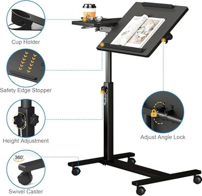 Panta Height Adjustable Rolling Laptop Stand, Overbed Table with 2 Tilting Desktops, Mobile Laptop Table for Couch with Cup Holder, Mobile Computer Workstation for Office, Home and Hospital | Dual tilting desktops, cup holder, mobile workstation, for couc