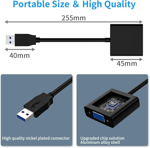 USB to VGA Adapter, USB3.0/2.0 to VGA Adapter Multi-Display Video Converter Full HD 1080P External Video Card Multi Monitor, Desktop, Laptop, HDTV, Monitor, Projector (Windows 10/8.1/8/7)