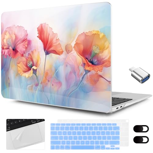 MEEgoodo for MacBook Air 13.3 inch Case 2021 2020 2019 2018 A2337 M1 A2179 A1932, Hard Shell with Keyboard Webcam Cover & Trackpad Film & Type C Adapter for MacBook Air M1, Field Rainbow Poppies - color: Field Rainbow Poppies
