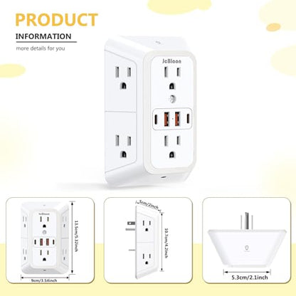 Wall Outlet Extender with Night Light, Power Plug Adapter 6 Outlet Extender with 4 USB Charging Ports 1050J Power Strip Multi Plug Adapter Spaced for Home Travel Office (2U2C)-ETL - color: White-1Pcs
