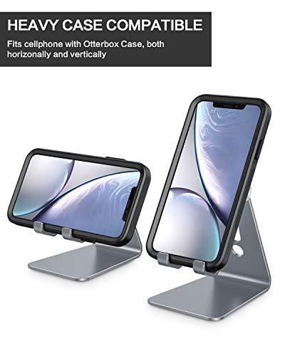 OMOTON C2 Adjustable Aluminum Cell Phone Stand with Charging Cutout, Grey | Sturdy 3mm Aluminum, Charging Port, 270° Adjustable, Non-Slip Silicone Pads, Works with Thick Cases, for All Smartphones - color: Grey