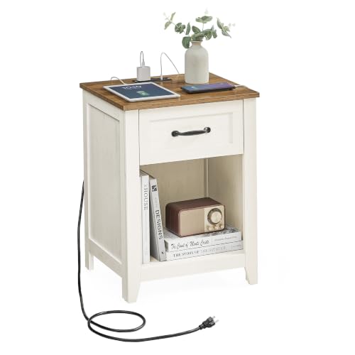 VASAGLE LIRY Collection - Farmhouse Nightstand with Charging Station, Bedside Table, Side Table with Drawer, Open Compartment, for Bedroom, Rustic White and Honey Brown ULET659K41 - color: Rustic White + Honey Brown, size: 1 PACK, style: 17.7"W x 23.6"H W