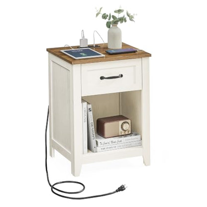 VASAGLE LIRY Collection - Farmhouse Nightstand with Charging Station, Bedside Table, Side Table with Drawer, Open Compartment, for Bedroom, Rustic White and Honey Brown ULET659K41 - color: Rustic White + Honey Brown, size: 1 PACK, style: 17.7"W x 23.6"H W