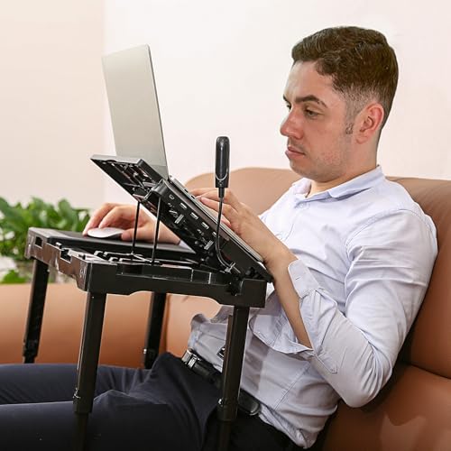 Foldable Laptop Table with Cooling Fan, LED Light, 4 x USB Ports, Mouse Pad & Storage Groove for Laptop Use in Home Office - color: Black