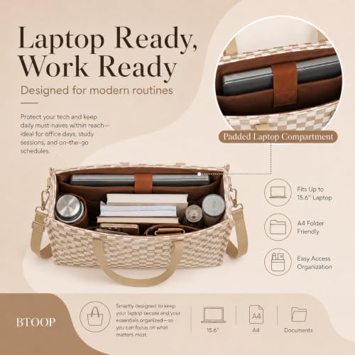 BTOOP Work Tote Bag for Women, Laptop Tote Bag With 15.6 Inch Padded Compartment, Teacher Nurse Bible Bags - color: B-checkered Brown