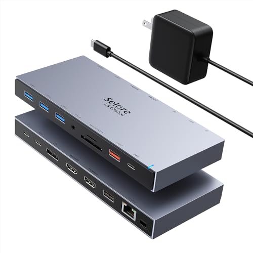 Selore Docking Station 3 Monitors, 15-in-1 USB-C Hub with 100W PD & 65W Power Adapter, Dual 4K HDMI, DisplayPort, 10Gbps USB-A/C, Gigabit Ethernet, SD/microSD Card Reader for Dell XPS/HP/Lenovo - color: Gray